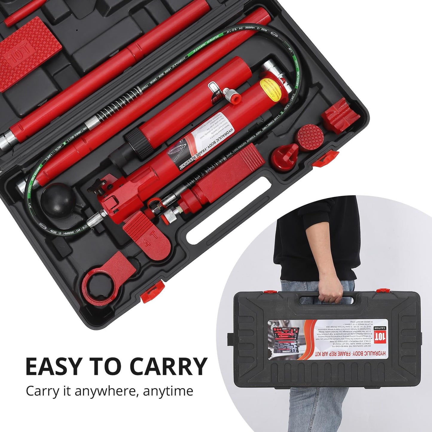 GarveeHome 10 T Porta Power Kit Heavy Duty Hydraulic Ram with Secure Transport Case for Auto Shop Frame Repair Construction Equipment Professional Grade Lifting Tool