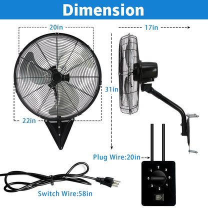 AZOUTDOOR 2 Pack 20 Inch Wall Mount Fans, Oscillating Fan with 3 Speed Settings, High Velocity Fans with Adjustable Tilt for Commercial, Industrial, Warehouse, Workshop, Garage