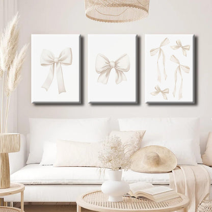 Beige Bow Canvas Wall Art,Coquette Preppy Bow Aesthetic Paintings Pictures Wall Decor Poster Print Artwork Beige Bow Poster Prints for Girls Room Bedroom Dorm Home Decor Wrapped Canvas