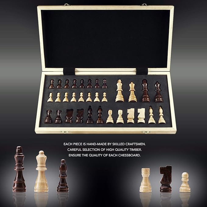 AMEROUS Chess Set 15x15 Folding Magnetic Wooden Standard Chess Game Board Set with Wooden Crafted Pieces and Chessmen Storage Slots
