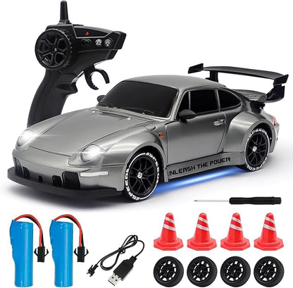 RC Drift Car1:24 Scale Remote Control Car 2.4GHz 20KM/H 4WD High Speed RC Cars for Kids with LED Light Two BatteriesDrifting TiresRacing Vehicle Toy for Adults Boys Girls Silver