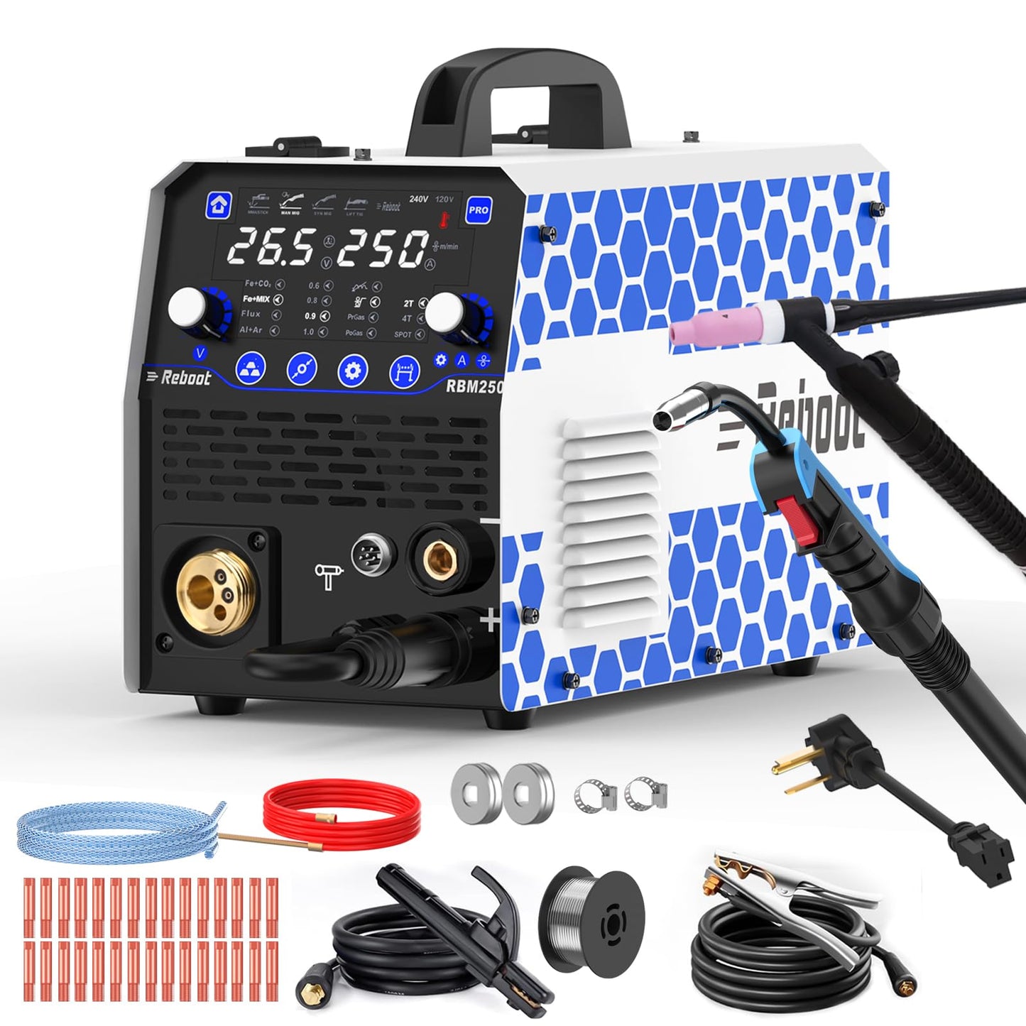 250Amp MIG Welder TIG Torch Included 120V/240V RBM2500 PRO, 8-in-1 Multiprocess Welding Machine with Dual Aluminum Welding Modes Gas MIG/Gasless Flux Core/MAG/Lift TIG/Stick/Spot/Spool Gun Reboot