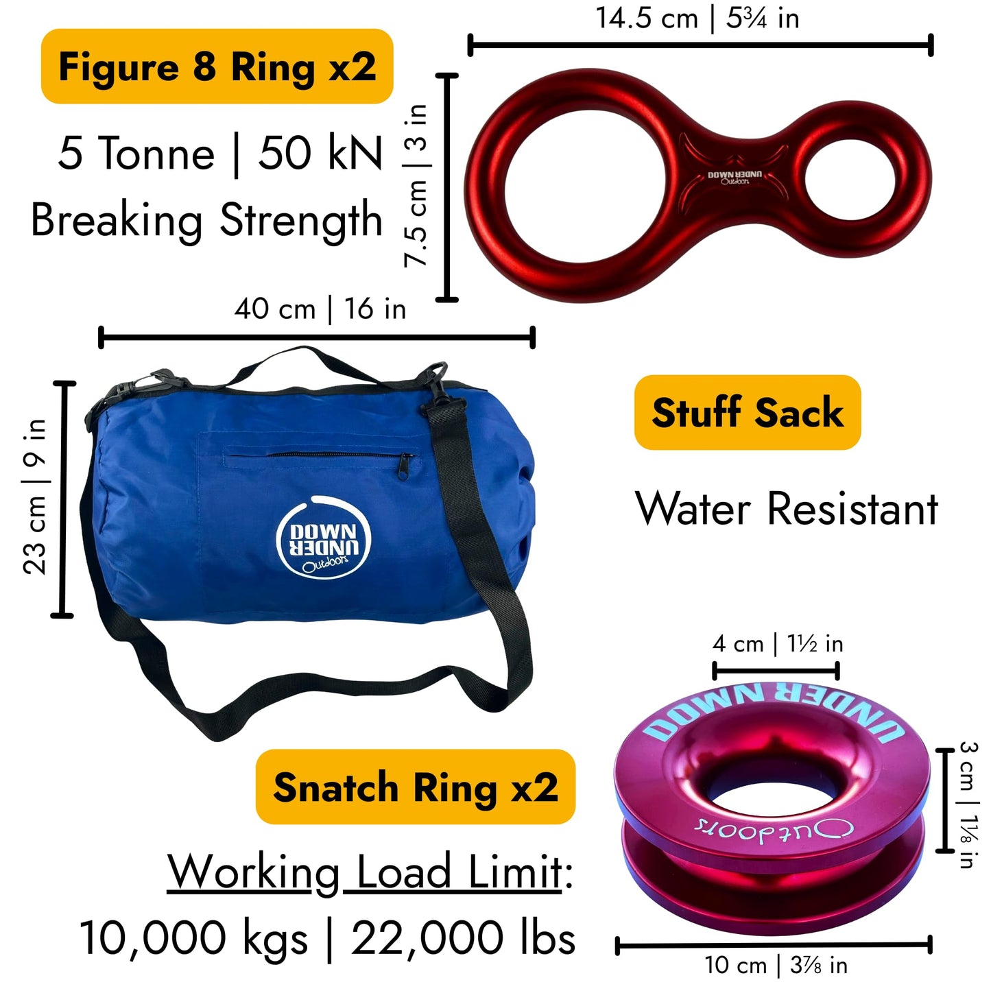 DOWN UNDER OUTDOORS Game/Log/4x4 Recovery Kit, Deer Drag, 650 ft of 9/32” (11,460 lbs) Winch Rope on Metal Reel, 2 Tree Savers, 2 Soft Shackles, 2 Snatch Rings, 2 Figure 8 Rings, Gear Bag