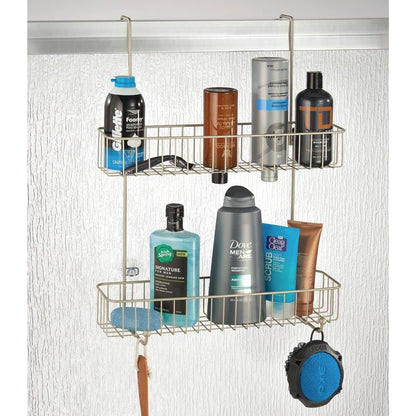mDesign Extra Wide Metal Wire Over The Bathroom Shower Door Caddy, Hanging Storage Organizer Center with Built-in Hooks and Baskets on 2 Levels for Shampoo, Body Wash, Loofahs - Satin