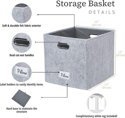 DECOMOMO Felt Storage Bins - 11-Inch Cube Storage Bins with Labels for Kallax Shelves | Light Grey (Set of 6)