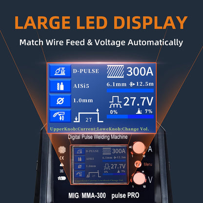 PANERGYRIC Aluminum MIG Welder with Dipulse 300A 110V/220V Dual Voltage 5 in 1 Multifunctional Welding Machine Gas/Gasless Flux MIG/Pulse MIG/Lift TIG/Stick with LCD Digital Display