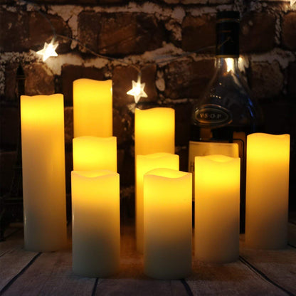 Hanzim Flameless Flickering Battery Operated Candles D2.2''*H4 5" 6" 7" 8" 9" Set of 9 Ivory Real Wax Pillar LED Candles with 10-Key Remote and Cycling 24 Hours Timer (Ivory)