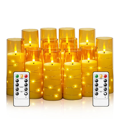 Sasigeiaa Flameless Candles with Embedded Star String - Battery Operated LED Candles, with Remote,12 Gold Flickering Candles for Christmas, Weddings, Home Decor & Party,(D 2.3"×H 5" 6" 7")