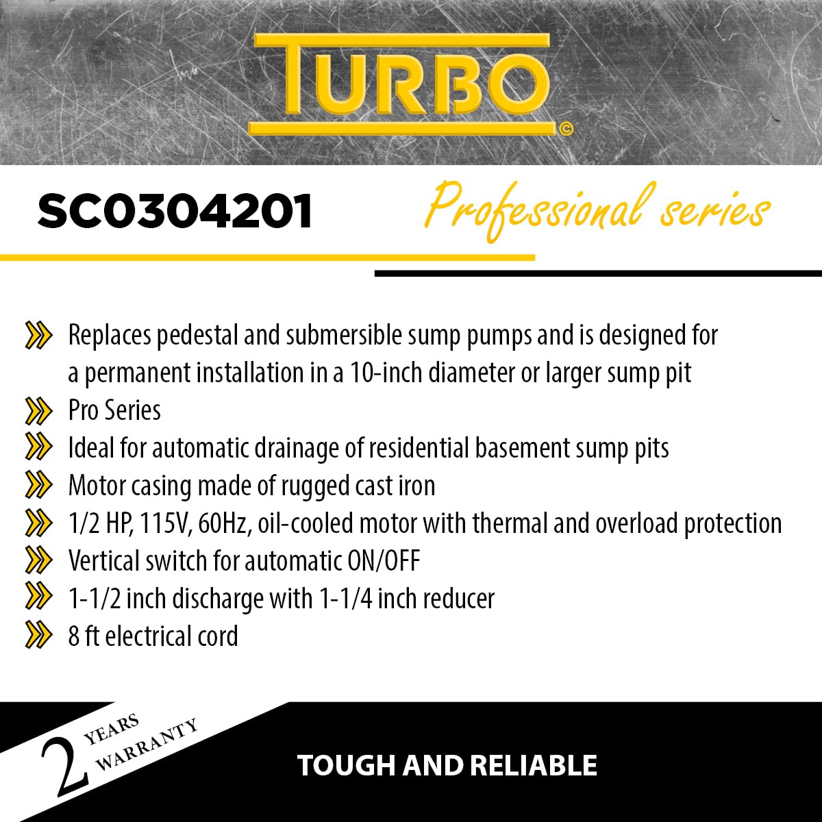 Turbo 1/2HP Cast Iron Submersible Sump Pump with Vertical Switch
