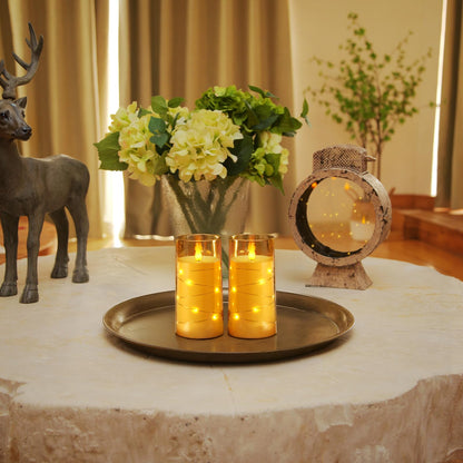 Homemory Flameless Candles with Embedded Star String Fairy Lights, Battery Operated Candles, LED Candle, Fake Candles with Remote Control and Timer, Gold, Set of 2(H 6" 6")