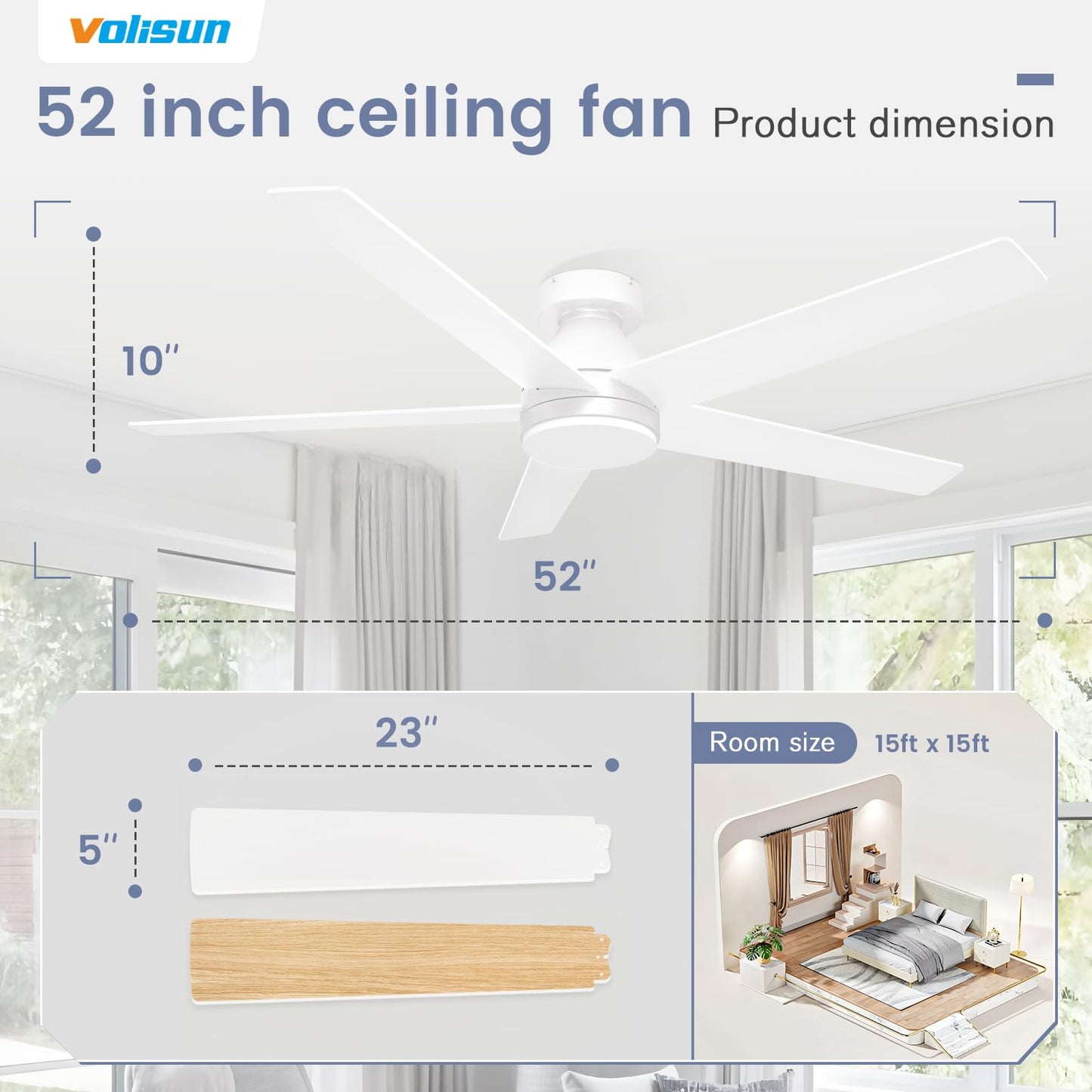 VOLISUN Ceiling Fan with Lights and Remote, 42 inch Low Profile Ceiling Fan with Light, Reversible, 3CCT, Dimmable, Noiseless, White Flush Mount Ceilings Fans for Bedroom, Indoor/Outdoor
