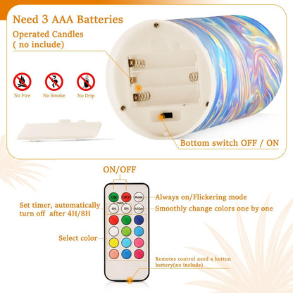 ALAZA Holographic Pattern Flameless Candles, LED Pillar Candles with Remote Timer, Battery Operated Candles Set of 2