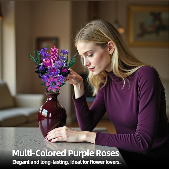 Purple Rose Flowers Bouquet Building Set - Valentines Decor Compatible with Lego Flowers for Adults Women - Gothic Home Office Table Centerpiece Decor Halloween Christmas Valentine's Gift