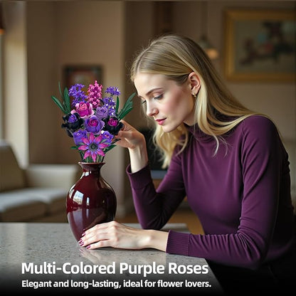 Purple Rose Flowers Bouquet Building Set - Valentines Decor Compatible with Lego Flowers for Adults Women - Gothic Home Office Table Centerpiece Decor Halloween Christmas Valentine's Gift