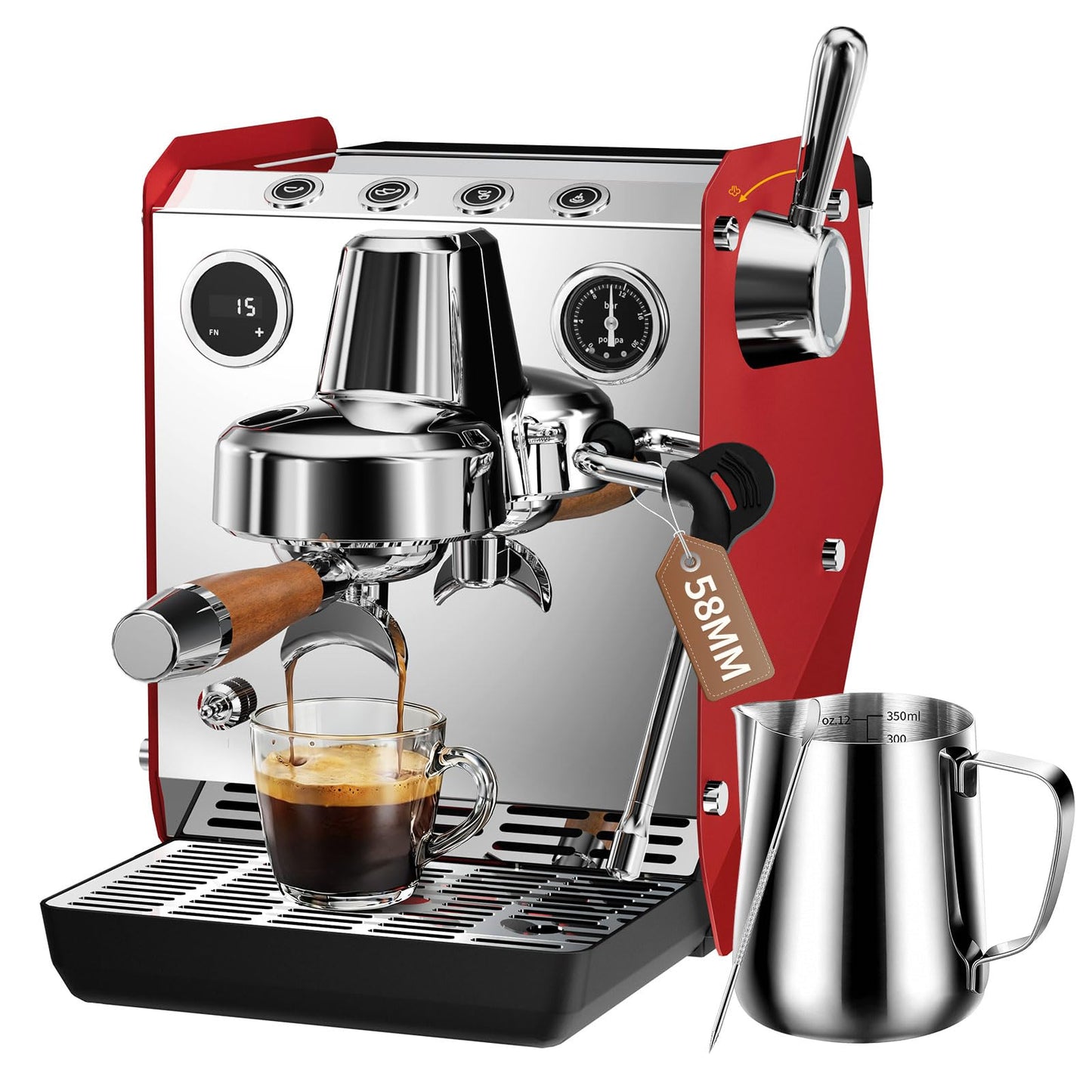 SECPOEDR 15 Bar Espresso Machine with Milk Frother Cappuccino Latte Expreso Machine for Home,68OZ Water Tank,Dual Display with 12oz Milk Frothing Pitcher （Red）