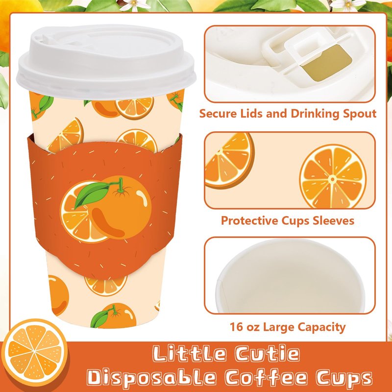 JarThenaAMCS 48 Set Little Cutie Disposable Coffee Cups with Lids and Sleeves Orange Paper Cups Cute Drinking Cup for Baby Shower Birthday Party Supplies