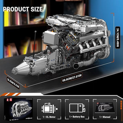 Mould King V8 Twin Turbo Engine Model Kit that Works - 2899+ PCS Build Your Own Visible Model Engine Kit for Adults with Motor and Battery Building Blocks for Adults DIY STEM Construction Toys