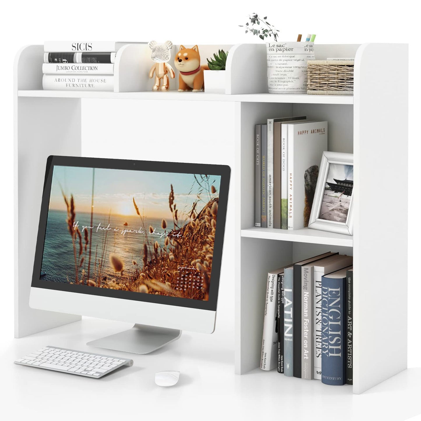 Tangkula Desktop Bookshelf, Countertop Storage Hutch with 5 Shelves for Computer Desk, Desk 3-Tier Display Rack, Multipurpose Wood Desktop Hutch Storage Organizer for Dorm Office Home