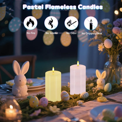 Pastel Flameless Candles, Set of 2 6"x3" Flickering Spring LED Candles with Remote & Timer, Dimmable Real Wax Easter Pillar Candles Battery Operated, Electric Candles for Home Spring Easter Decor