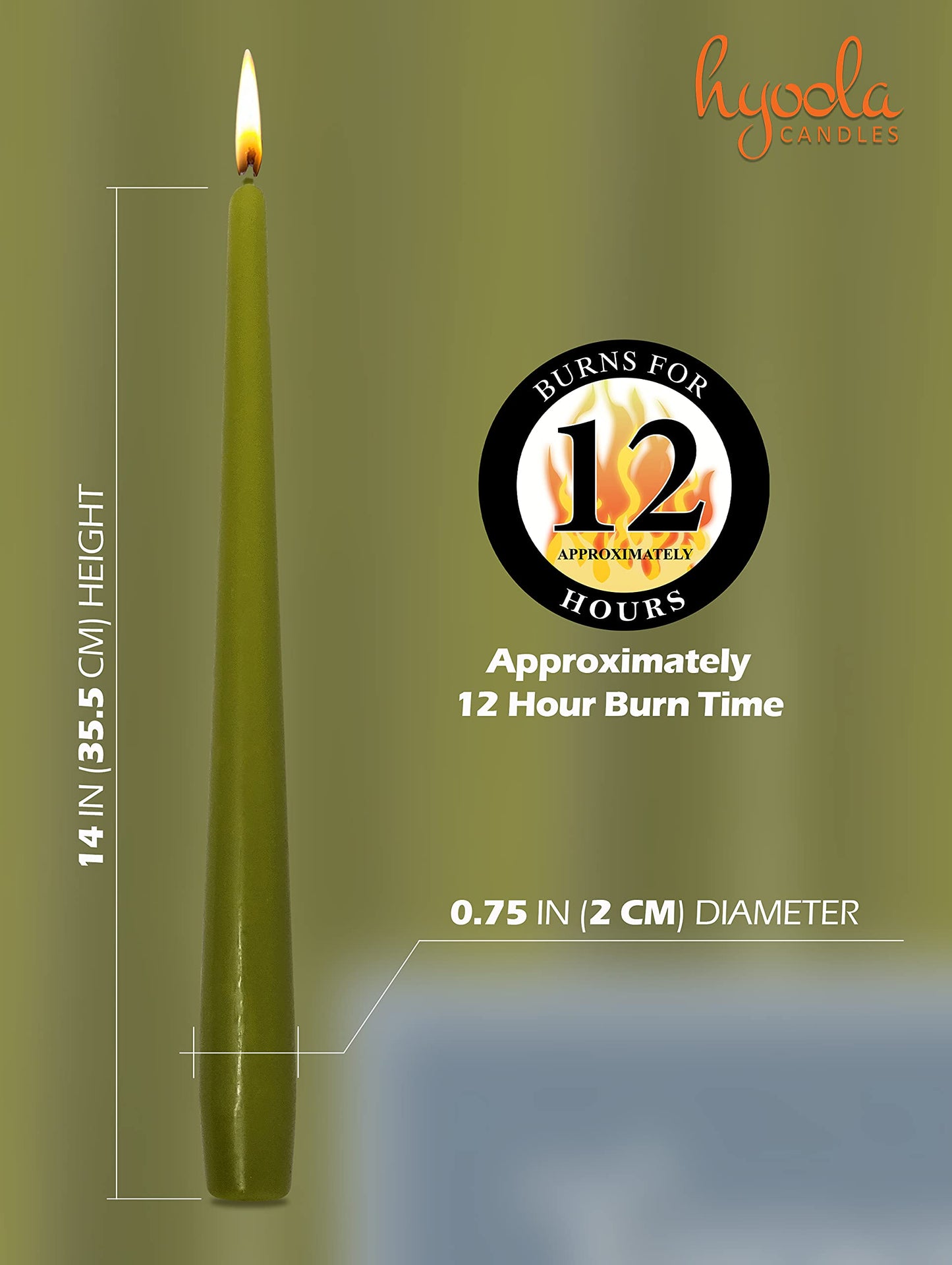 Hyoola Tall Taper Candles - 14 Inch Olive Green Unscented Dripless Taper Candles - 12 Hour Burn Time - 12 Pack