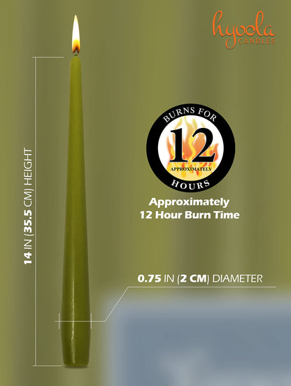 Hyoola Tall Taper Candles - 14 Inch Olive Green Unscented Dripless Taper Candles - 12 Hour Burn Time - 12 Pack