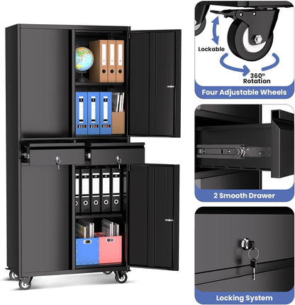 Metal Garage Storage Cabinet with 4 Wheels and 2 Drawers, 72" Heavy Duty Rolling Tool Storage Cabinet Organizer, Locking Doors and Adjustable Shelves for Garage, Workshop, Office, Warehouse