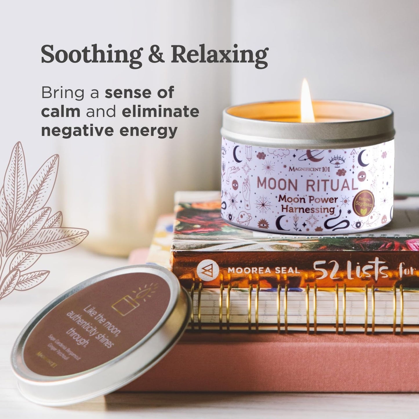 MAGNIFICENT 101 Moon Ritual Soy Wax Smudge Candle - 6 Oz White Tin - 35-Hour Burn & Energy Cleansing - Manifestation & Meditation Candle
