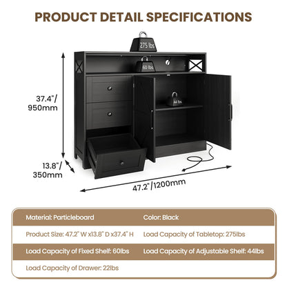 IDEALHOUSE 47" Buffet Cabinet Sideboard, Farmhouse Coffee Bar with Open Shelf, 2 Doors and 3 Drawers, Wood Wine Bar Storage Cabinet with Built-in Charging Station for Dining Room Living Room- Black