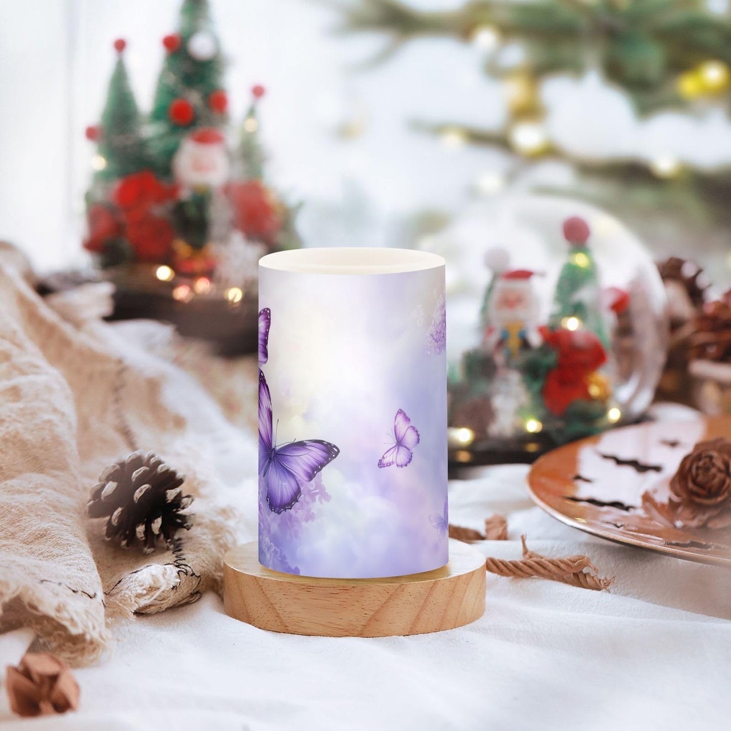 WEVIBOFU Purple Lilac Butterfly Flowers Flickering Flameless Candles LED Battery Operated with Remote Timer Pillar Candles for Home Birthday Wedding Christmas Decor, Set of 2