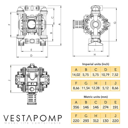 Vestapomp Air Operated Diaphragm Pump - New Version - Diaphragm Pump Air - Waste Oil AODD - Double Pneumatic Transfer (1 inch Discharge, Aluminum Body + Nitrile 40 GPM 100 PSI)
