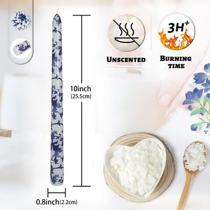 Unscented Floral Taper Candle Spiral Candlesticks - Set of 4 Handmade Blue and White 10 Inch Long Candle Sticks Print Tapered Candles for Home Wedding Dinner Gifts
