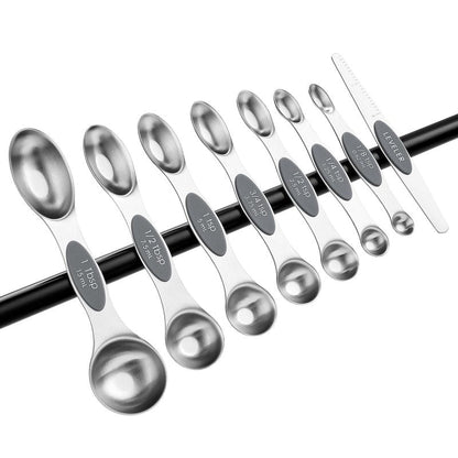 Spring Chef Stainless Steel Magnetic Measuring Spoons Set of 8 with Leveler, Dual Sided Metal Teaspoon & Tablespoon Measuring Spoons - Kitchen Gadgets For Baking and Cooking, Gray