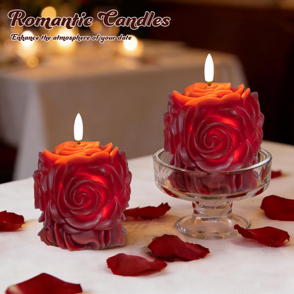 JOIONE Valentines Day Flameless LED Candles, Rose Shaped 3D Flickering Flame Battery Operated Candle with Remote, Romantic Candles for Date Night, Valentine's Day, Wedding and Home Décor, Red