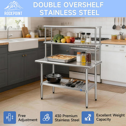 ROCKPOINT Stainless Steel overshelf for Prep Work Table 12" D x 60" W,Commercial Double Overshelf in Kitchen, Home,Restaurant,Garage with countertop Capacity 400lb