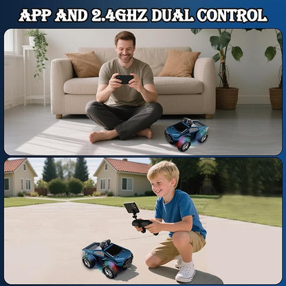 1/28 RC Monster Truck with Camera RC Car Toys with 720P HD FPV Camera High Speed All-Terrain Remote Control Car Racing Vehicle with Blinking Body Lights for Adults Kids Boys Dual Control Modes