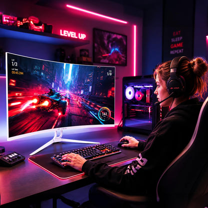 CRUA 32" Curved Gaming Monitor, 4K UHD 3840x2160, 240Hz VA Display, 1500R, AMD FreeSync, 120% sRGB, Built-in Speakers, HDMI 2.1 & DP 1.4, Wall Mountable White PC Monitor for Gaming, Streaming & Work