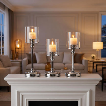 Oakernel Sliver Hurricane Candle Holders - Set of 6 Tall Candlestick Holders Windproof Taper Candle Holders, Metal Stand for Table Centerpiece Outdoor Indoor Wedding Party Holiday Decor