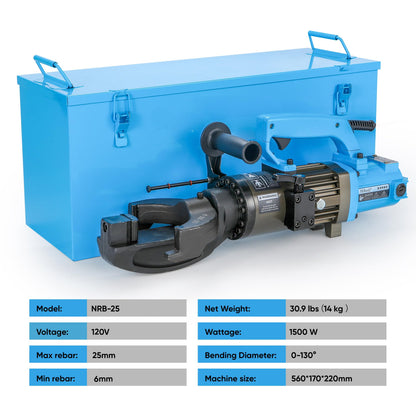 Electric Hydraulic Rebar Bender, 1500W 120V Portable Rebar Bender, Bending up to 1″ (#8, 25mm) Rebar, Lightweight 30 lb Aluminum Body, NRB-25 (NRB-25 Blue)