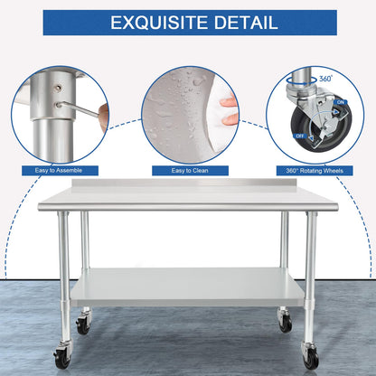 HARDURA Stainless Steel Table 24 x 48 Inches with Wheels Casters NSF Heavy Duty Commercial Prep Table with 2” Backsplash and Adjustable Undershelf for Restaurant Kitchen Home and Hotel
