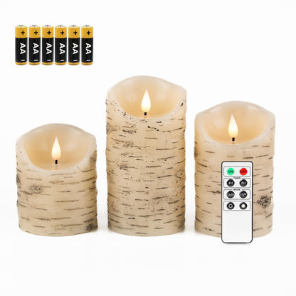 Fanna Set of 3 Flameless LED Birch Bark Candles with Timer, Battery Operated Wax Candles with Remote for Christmas, 6 Batteries Included - H 4"/5"/6"