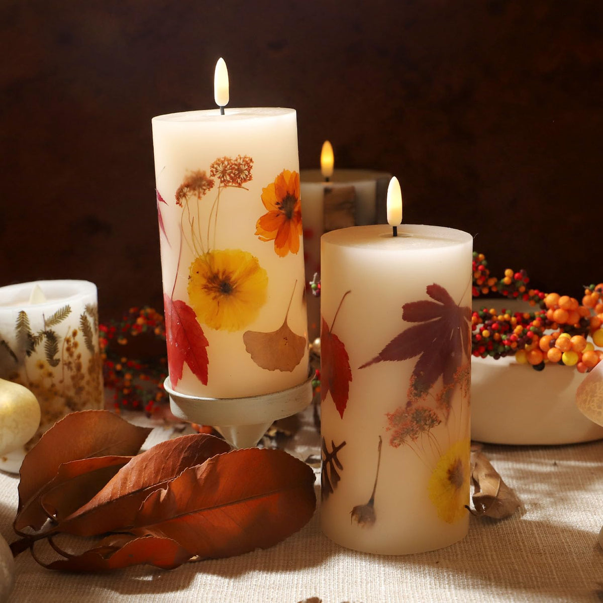 Fall Flameless Candles with Real Maple Leaf & Marigold Embedded Pillar Candles Battery Operated with Remote (3" × 6") - Straight Edge, Real Wax, Unscented - Ideal for Thanksgiving Decorations