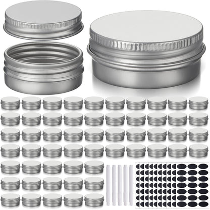 Zubebe 200 Pack Metal Tins with Lids Bulk Screw Top Aluminum Tin Containers Round Tin Cans for Cosmetic Lip Balm DIY Salves Candles Wax with 5 Markers 10 Sheets Label Stickers (Silver,0.5 oz)