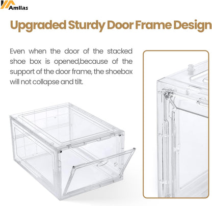 Amllas Clear Shoe Storage Boxes - Stackable & Sturdy Design | Fits Up to US Size 12 (13.8”x 9.84”x 7.1”)