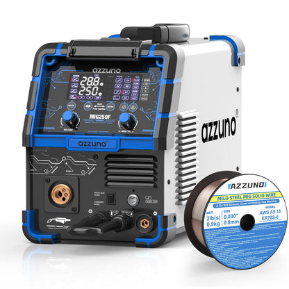 AZZUNO Aluminum 250A MIG Welder & .030" 2LBS Solid MIG Welding Wire, 6 in 1 Gas MIG/Gasless Flux Core/Stick/Lift TIG/Spot Welding/Spool Gun Compatible Welding Machine 110V/220V Large LED Display Multi