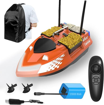 RC Bait Boat with Line Drop for Adult Cruise Control 4 Bait Slot 6.6LBS Loading 12000mAh Battery and Dual Motors 1640FT Range Remote Control Fish with LED Light Hook Release &amp Backpack(Orange