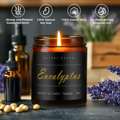 Putart Eucalyptus Mint Candles for Home Scented, Natural Soy Aromatherapy Non Toxic Candles with Long Lasting Fragrance & Clean Burn, Luxury Jar Candle Gift for Women, Men, Home Decoration 9oz