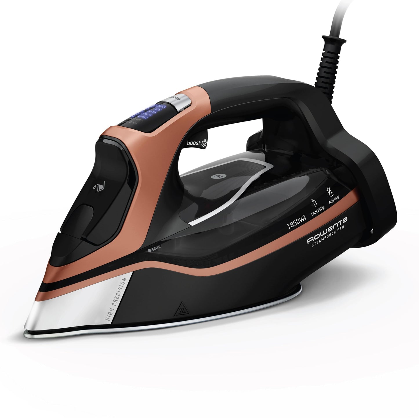Rowenta Iron Steam Force Pro Steam Iron for Clothes, 1850 Watts, 5 Presets Smart Screen, Stainless Steel Soleplate, High-Efficiency Handheld Steamer Ironing, Anti-Drip Protection, Black Copper, DW9580