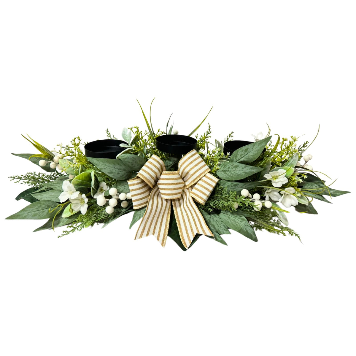 Candle Holder Centerpiece for Table,3 Wick Candle Holder with Artificial Gypsophila Flower,Artificial Eucalyptus Leaves Magnolia Holly Berries and Striped Bow for Table Centerpiece Decor,Dining Room