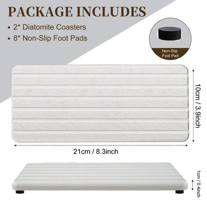 2 PCS Premium Diatomite Coasters with Grooved Design - Ultra Thirsty Absorbent Stone Tray for Soaps Dish, Plants, Toiletries - Keep Your Bathroom & Kitchen Counter Tops Dry & Tidy (8.27 x 3.94 Inches)