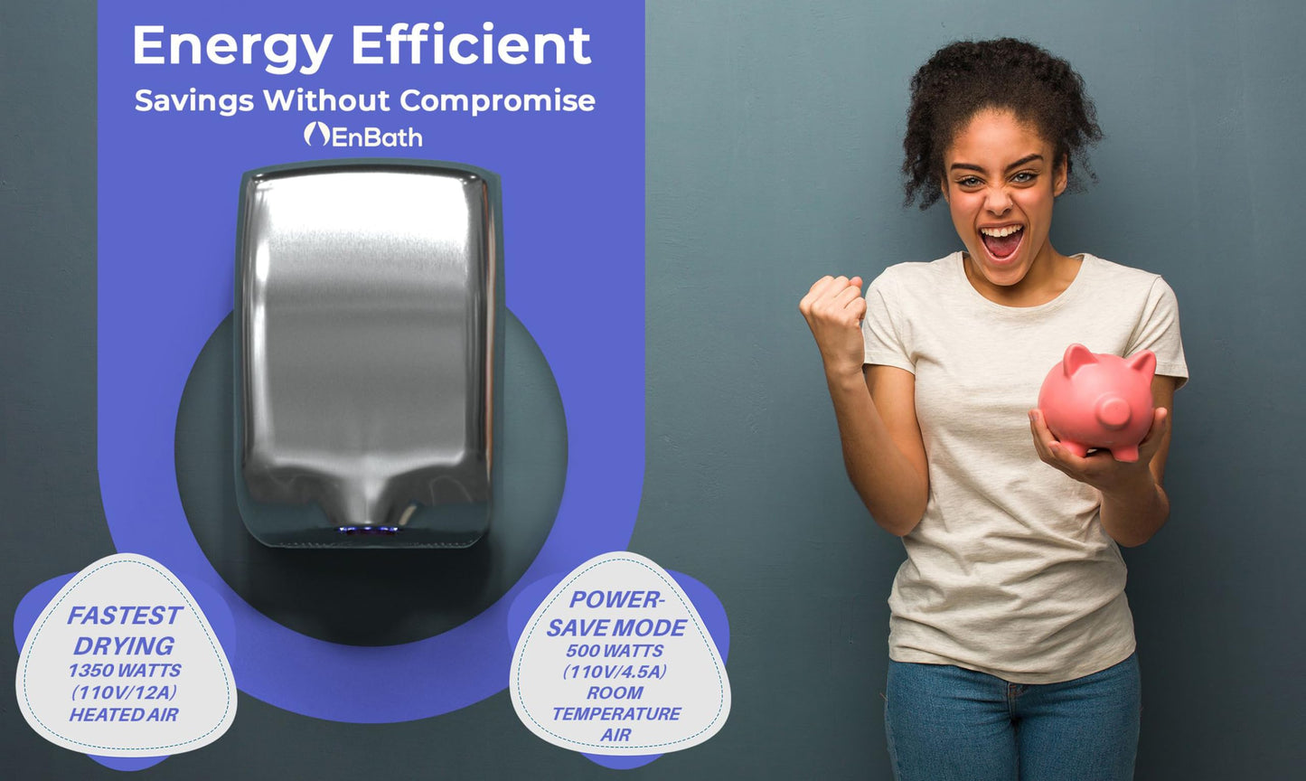 EnBath Commercial Hand Dryer (2-Pack) - Electric Hand Dryers for Bathrooms– High Speed (224 MPH) Stainless Steel Air Hand Dryer with Air Filter, Optional Energy-Saver Mode, Speed/Volume Control